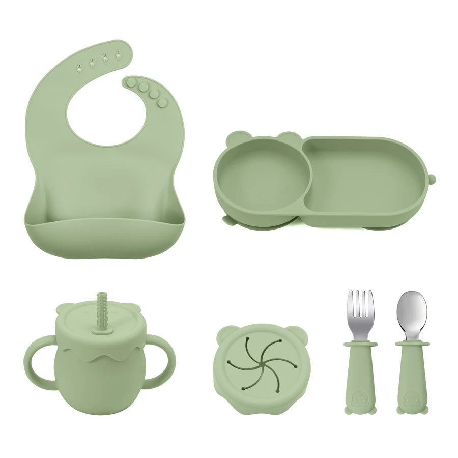 Ultimate Baby Feeding Silicone Tableware Set - Waterproof, BPA Free, with Sucker Plates, Bowl, Bib, and Cups - Free Shipping!
