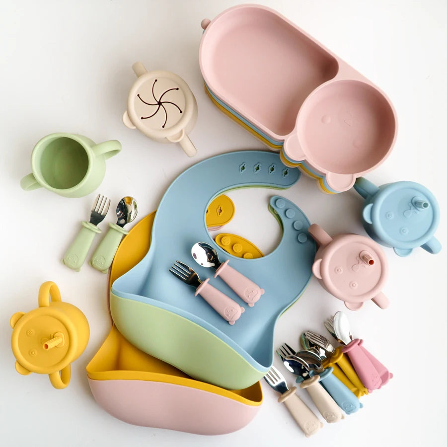 Ultimate Baby Feeding Silicone Tableware Set - Waterproof, BPA Free, with Sucker Plates, Bowl, Bib, and Cups - Free Shipping!